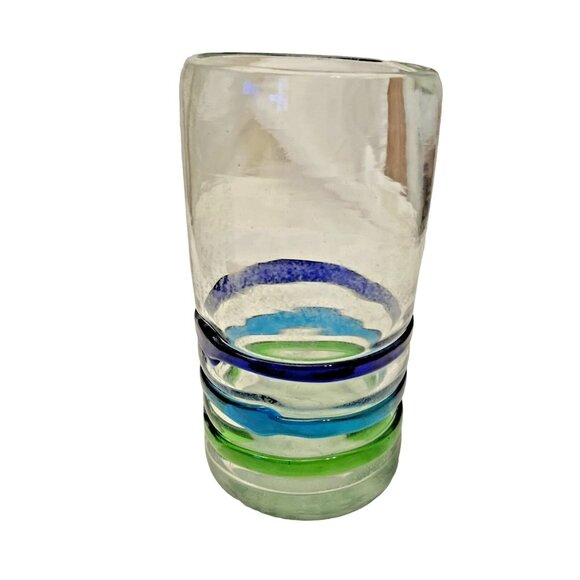 Pier 1 Hand Blown Glass Tumbler 16oz Blue Green Stripes Vintage Original 1990s - Picture 1 of 9